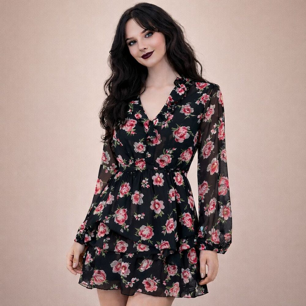 Divided NWT Chiffon Ruffles Mini Dress 4 Black Roses Romantic Whimsigoth